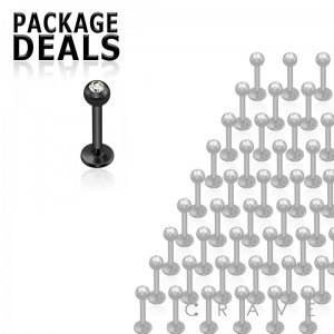 50PCS OF BLACK PVD PLATED OVER 316L SURGICAL STEEL LABRET WITH GEM SET (external thread)